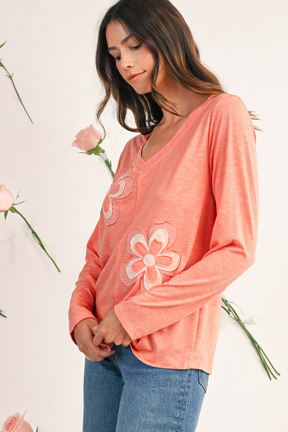 Fresh Salmon Floral Patched V Neck Long Sleeve Top