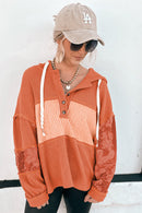 Gray Waffle Patchwork Drawstring Hooded Long Sleeve Top