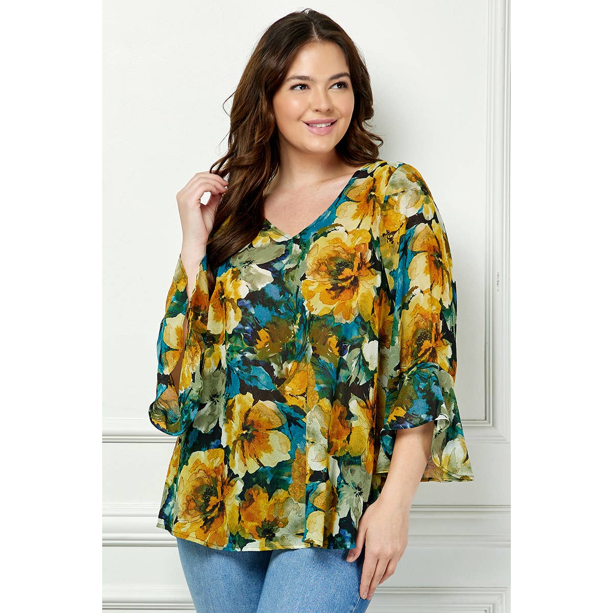 Winslow Collection - PLUS SIZE RUFFLE SLEEVE V-NECK SWING BLOUSE