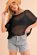Apricot Fishnet Knit Ribbed Round Neck Short Sleeve Tee