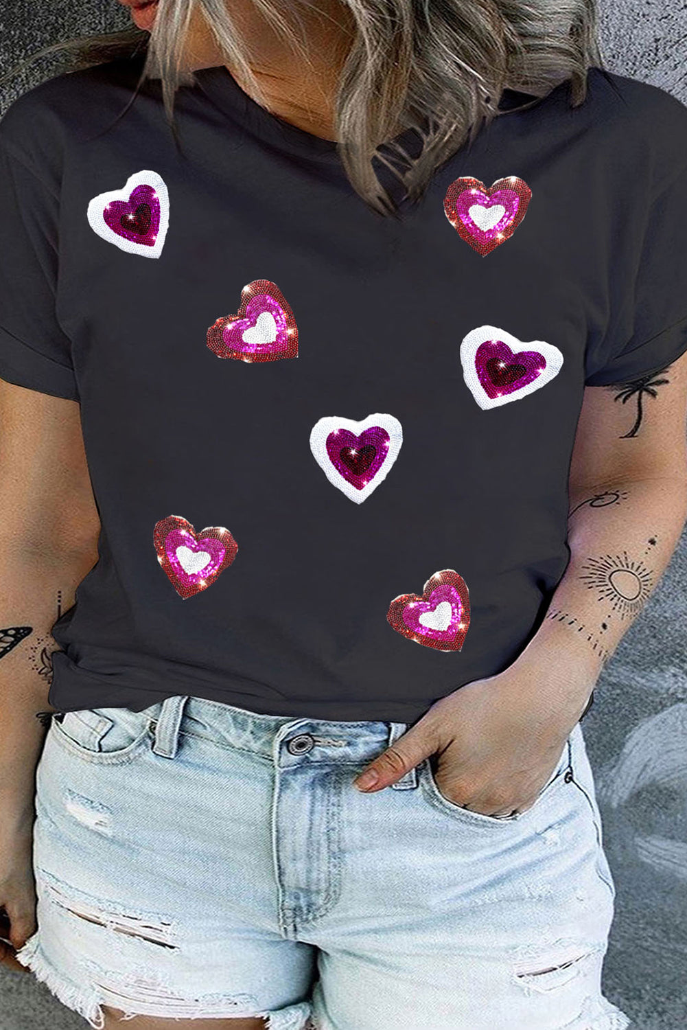 White Heart Patched Graphic Crewneck Plus Size Valentines T Shirt