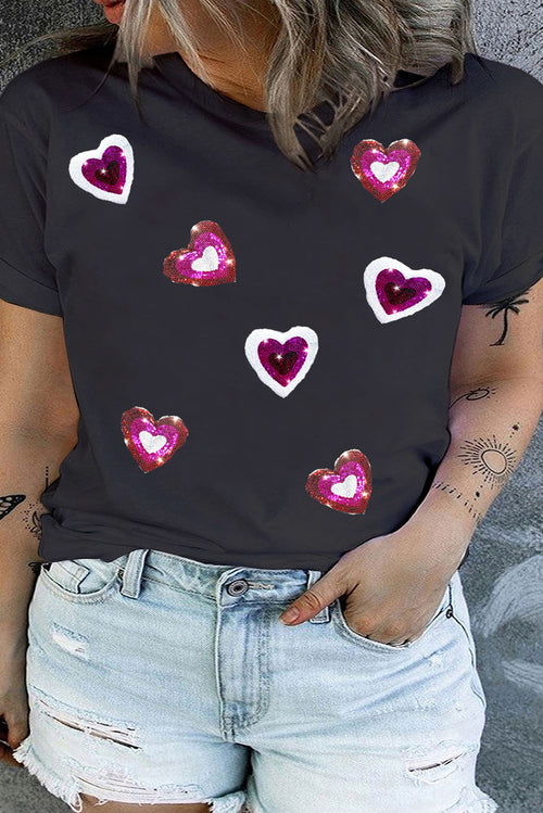 White Heart Patched Graphic Crewneck Plus Size Valentines T Shirt