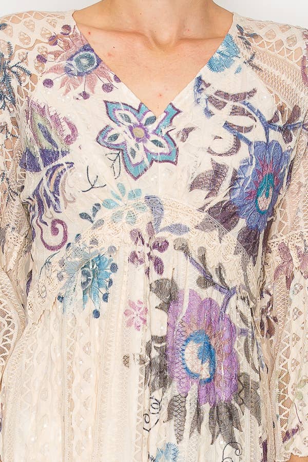 Origami Apparel ~  Lace and Crochet inspired - Dreamy Lined Short Lace Dress With Bell Sleeves -  4810BG EMBO FL