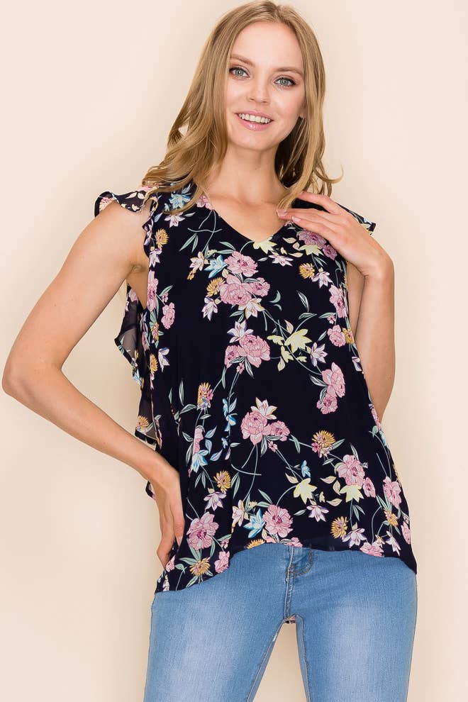 Shopin LA - SP2919T-0619 - WOMEN FLORAL PRINT RUFFLE BLOUSE