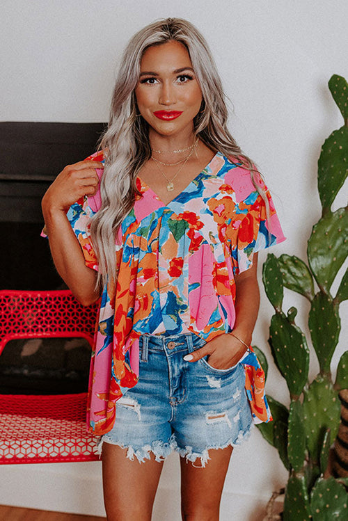 Sky Blue Boho Abstract Print V Neck Flutter Sleeve Blouse