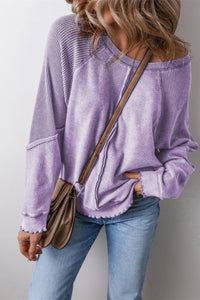 Orchid Petal Waffle Patchwork Raglan Sleeve Exposed Seam Sweatshirt