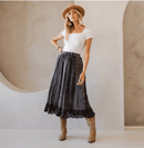 Young Threads - Women Patchwork Embroidered Maxi Skirt With Side Pockets: CHARCOAL TRIM / REGULAR (S-M-L-XL 1-2-2-1)