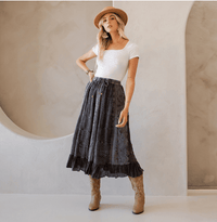 Young Threads - Women Patchwork Embroidered Maxi Skirt With Side Pockets: CHARCOAL TRIM / REGULAR (S-M-L-XL 1-2-2-1)