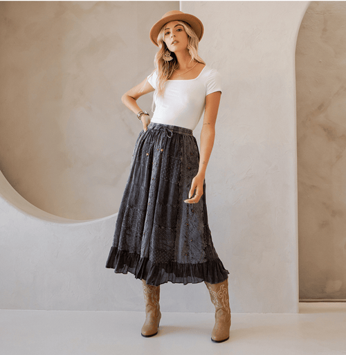 Young Threads - Women Patchwork Embroidered Maxi Skirt With Side Pockets: CHARCOAL TRIM / REGULAR (S-M-L-XL 1-2-2-1)