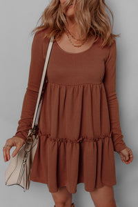 Straw Yellow Ribbed Frilled Trim High Waist Long Sleeve Mini Dress