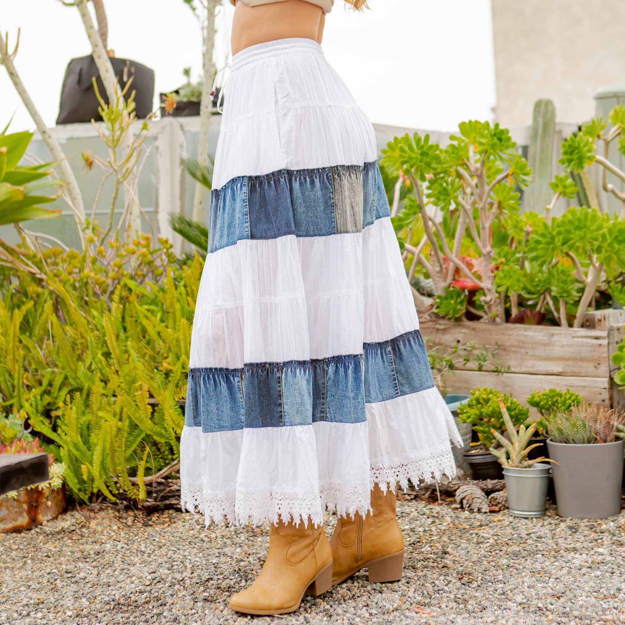 Young Threads - Women Long Tiered Western Skirt, Lined With Two Pockets
