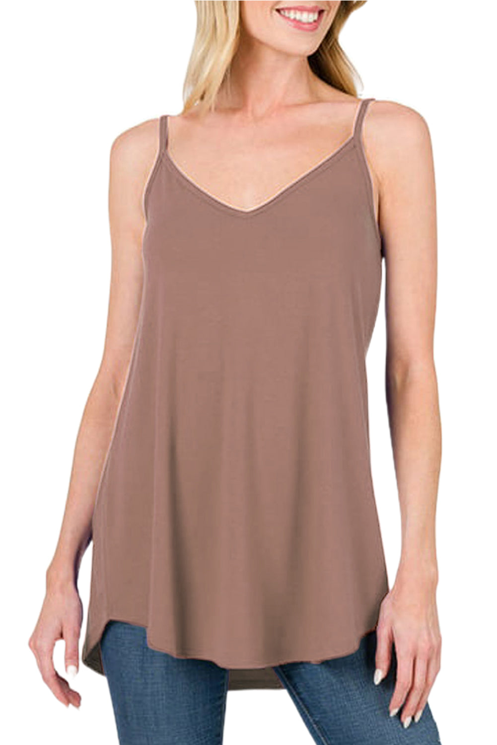 Blue Spaghetti Strap V Neck Flowy Tunic Cami Top