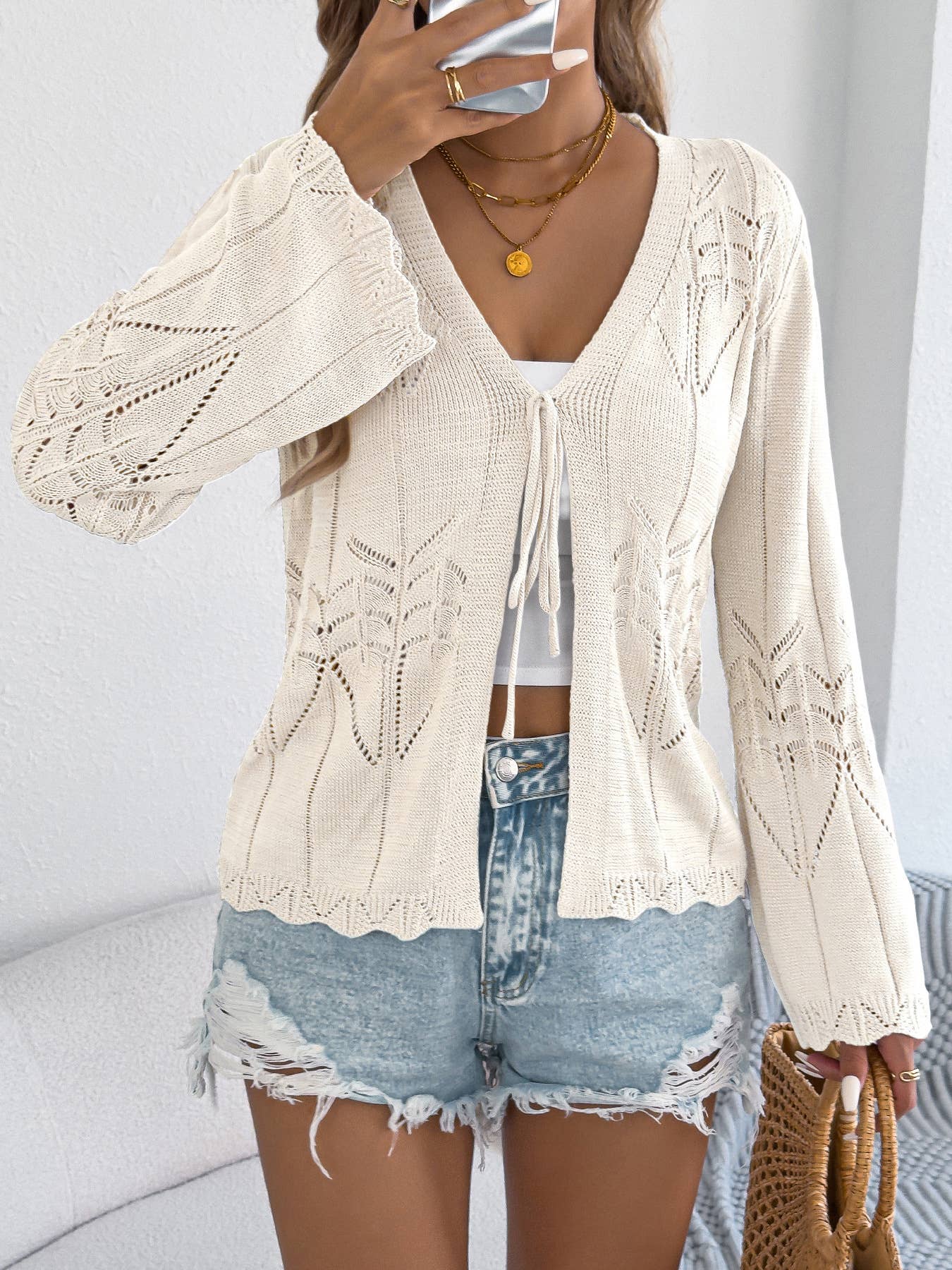 Hope & Sunshine - Tie Front Bell Sleeve Knit Cardigan