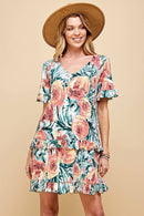 Shopin LA - .SD21025-1011 WOMEN FLORAL SHORT SLV MIDI DRESS WITH RUFFLE