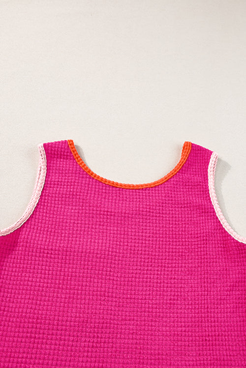 Rose Red Color Block Patched Pocket Waffle Knit Tank Top