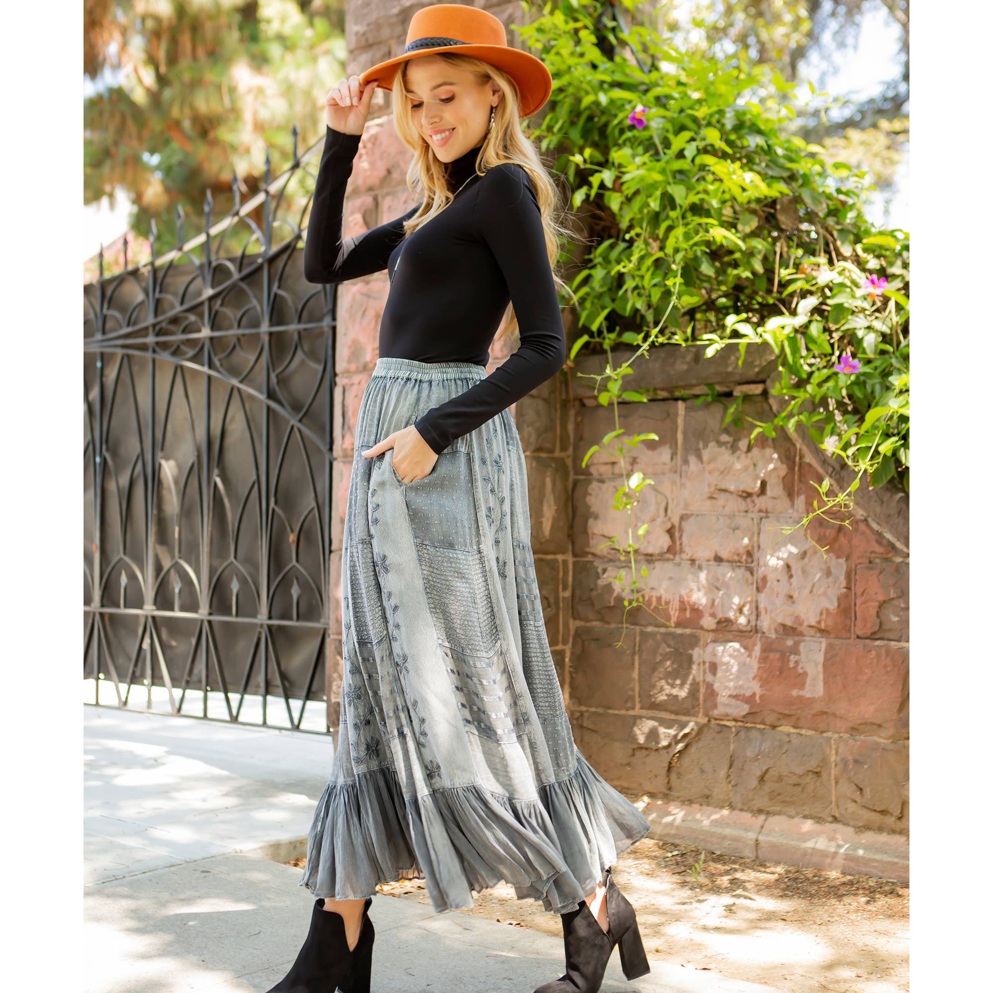 Young Threads - Women Patchwork Embroidered Grey Maxi Skirt With Side Pockets