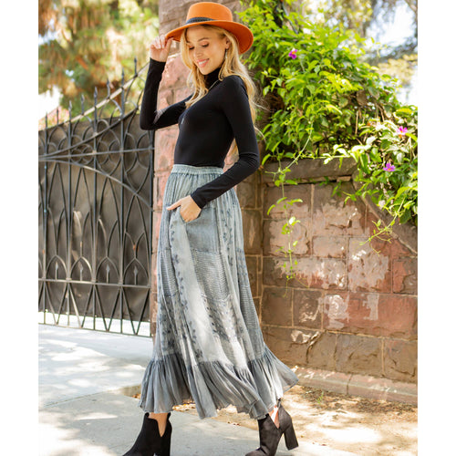Young Threads - Women Patchwork Embroidered Grey Maxi Skirt With Side Pockets