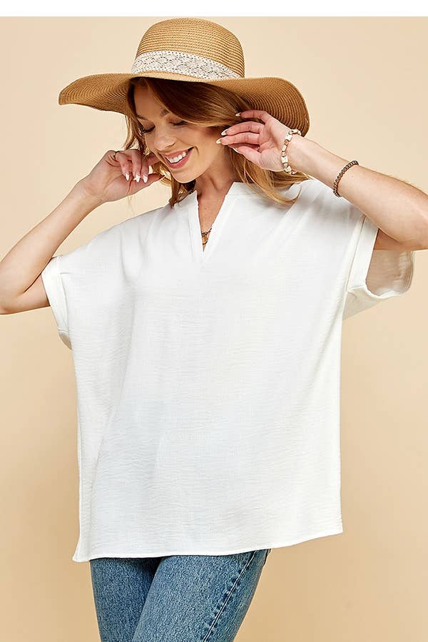 Shopin LA - SPT5211. WOMEN SHORT BUTTON SLEEVE FRONT SLIT LOOSE FIT TOP