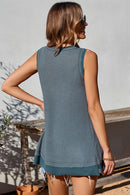 Black Scoop Neck Waffle Knit Splicing Flowy Vest