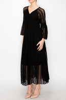 Origami Apparel ~  Lace and Crochet inspired - Romantic Lace Bell-Sleeved A-Line Midi Dress - 4658 BK