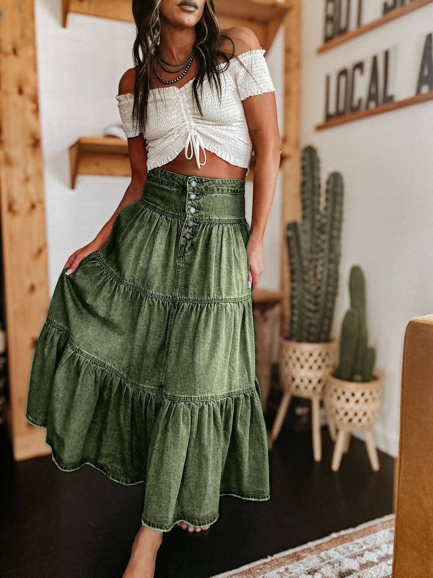 Hope & Sunshine - Bohemian Tiered Denim Skirt A-Line