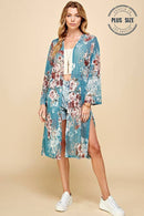 Shopin LA - SG21050AP - PLUS FLORAL PRINT MESH KIMONO WITH SIDE SLIT