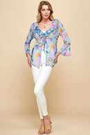 Shopin LA - ST4069 WOMEN MESH FLORAL TIE FRONT BELL SLEEVE TOP