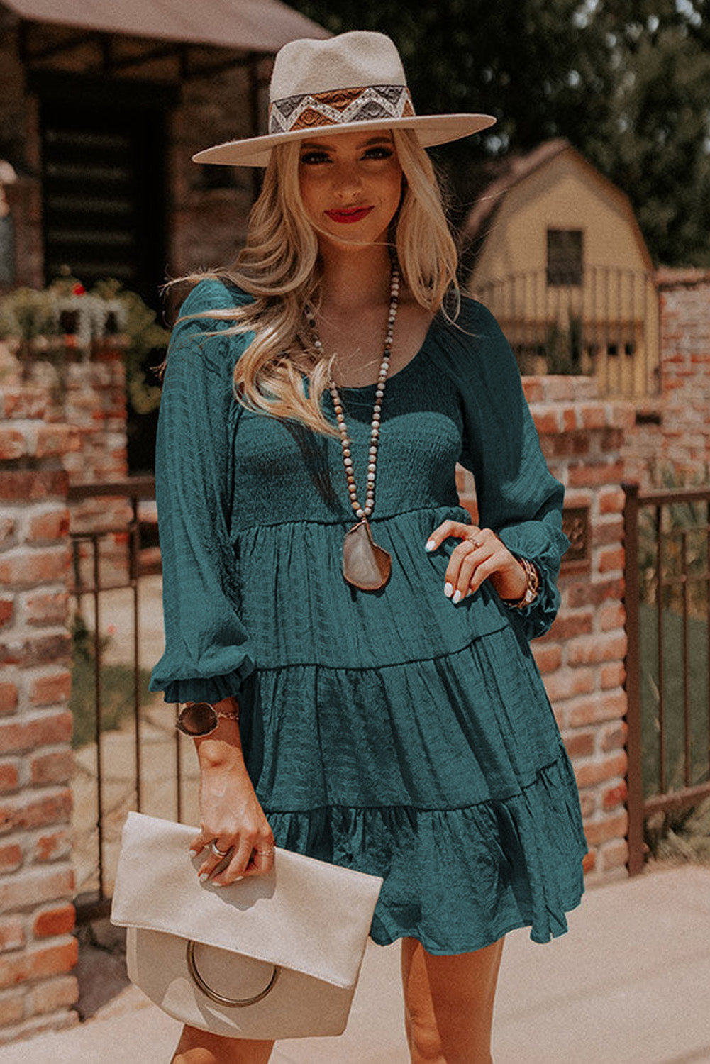 Brown Long Sleeve Smocked Tiered Boho Dress