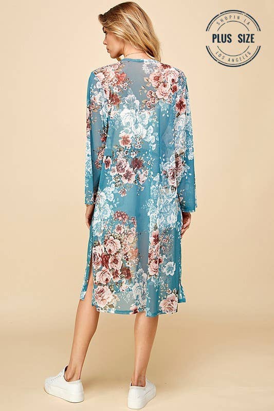 Shopin LA - SG21050AP - PLUS FLORAL PRINT MESH KIMONO WITH SIDE SLIT