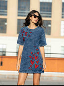 Adore - 2605 Heart Embroidered Denim Dress