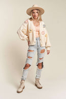 Madelyn - LESW2654- FLORAL PATCHED SWEATER CARDIGAN