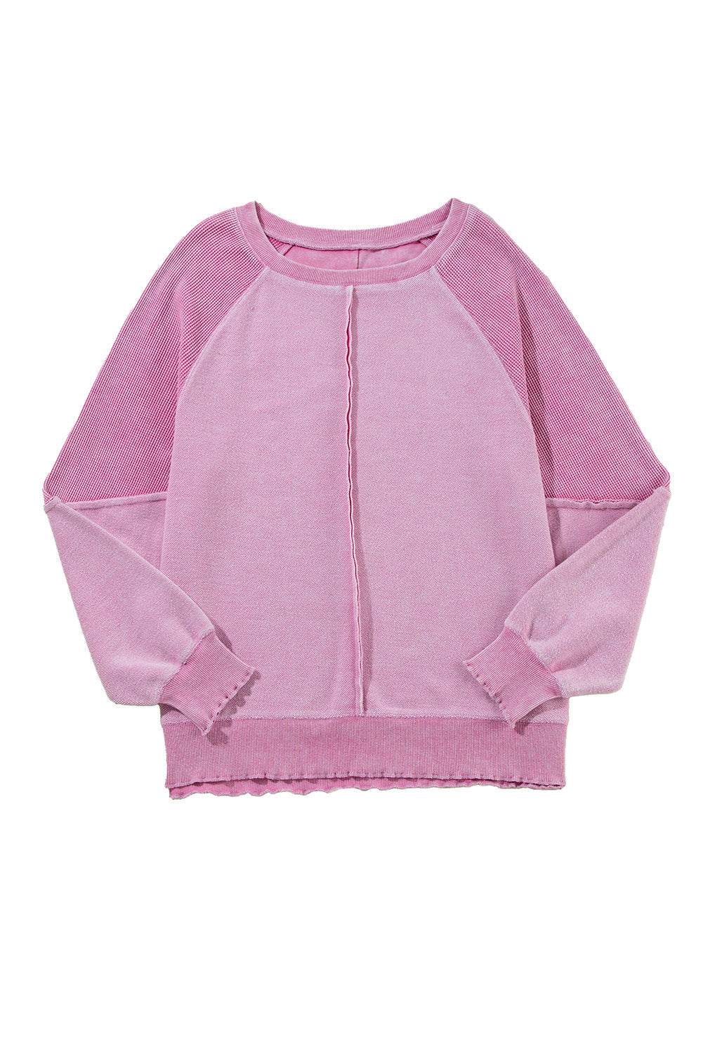 Orchid Petal Waffle Patchwork Raglan Sleeve Exposed Seam Sweatshirt