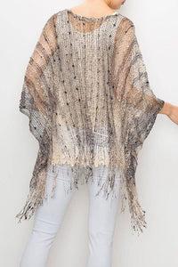Origami Apparel ~  Lace and Crochet inspired - MESH WITH SEQUIN PONCHO TOP-Y62BG/2BROWN