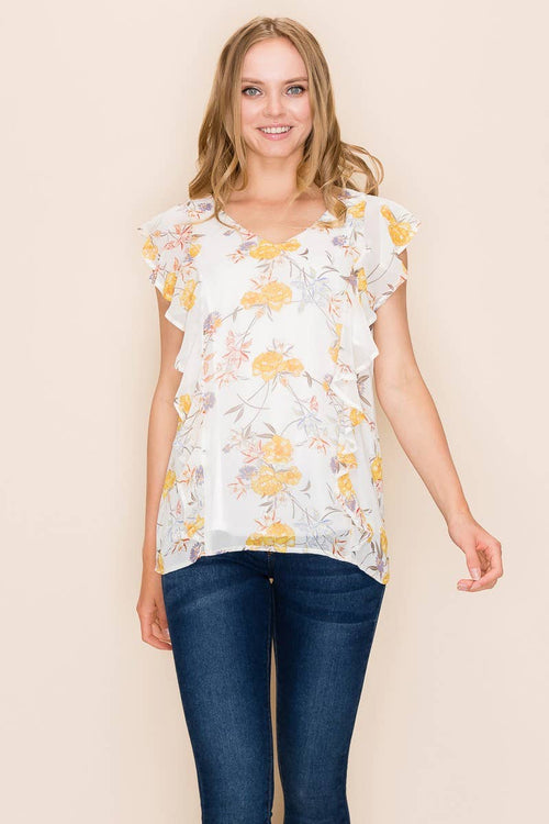 Shopin LA - SP2919T-0619 - WOMEN FLORAL PRINT RUFFLE BLOUSE