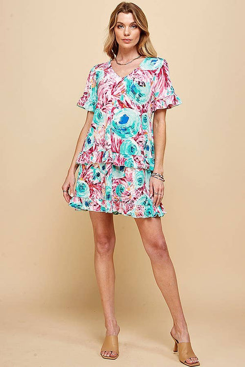 Shopin LA - .SD21025-1011 WOMEN FLORAL SHORT SLV MIDI DRESS WITH RUFFLE