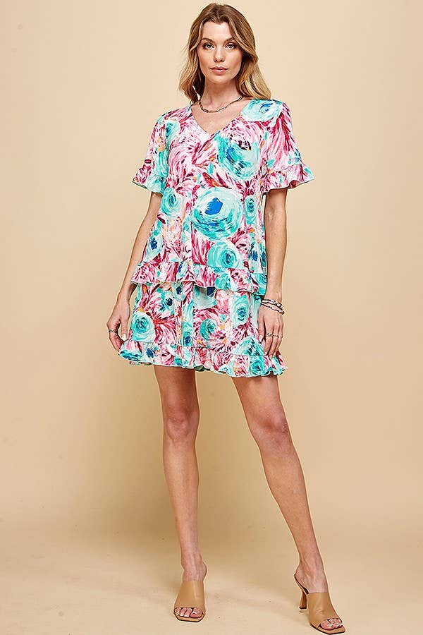 Shopin LA - .SD21025-1011 WOMEN FLORAL SHORT SLV MIDI DRESS WITH RUFFLE