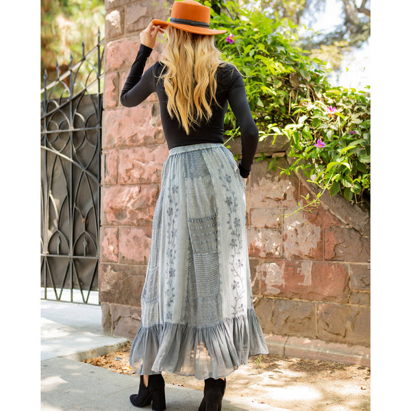 Young Threads - Women Patchwork Embroidered Grey Maxi Skirt With Side Pockets