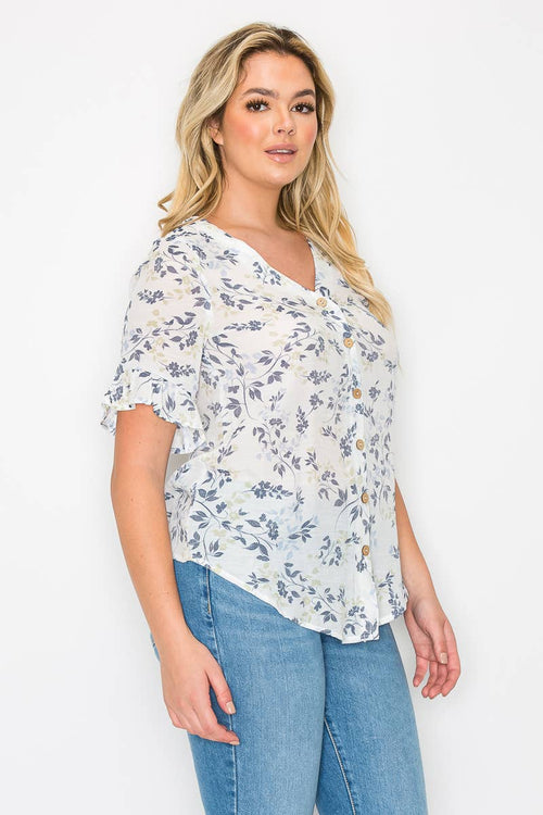 Perseption - V Neck Button Down Ruffle Short Sleeve Shirt