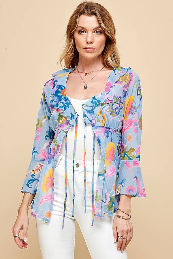 Shopin LA - .ST4069 - WOMEN MESH FLORAL TIE FRONT BELL SLEEVE TOP