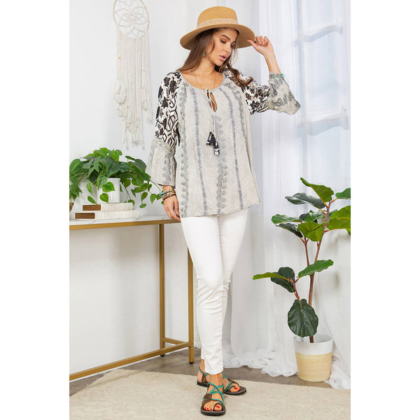 Young Threads - Embracing Western Spirit Embroidered Grey Peasant Top