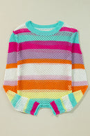 Green Colorblock Striped Hollow Knitted Top