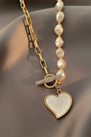 Gold Heart Shape Pendant Rhinestone Pearl Chain Necklace