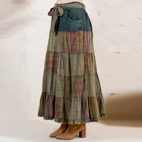 Young Threads - Western Boho Chic: Patchwork Belted Skirt  (New Color)