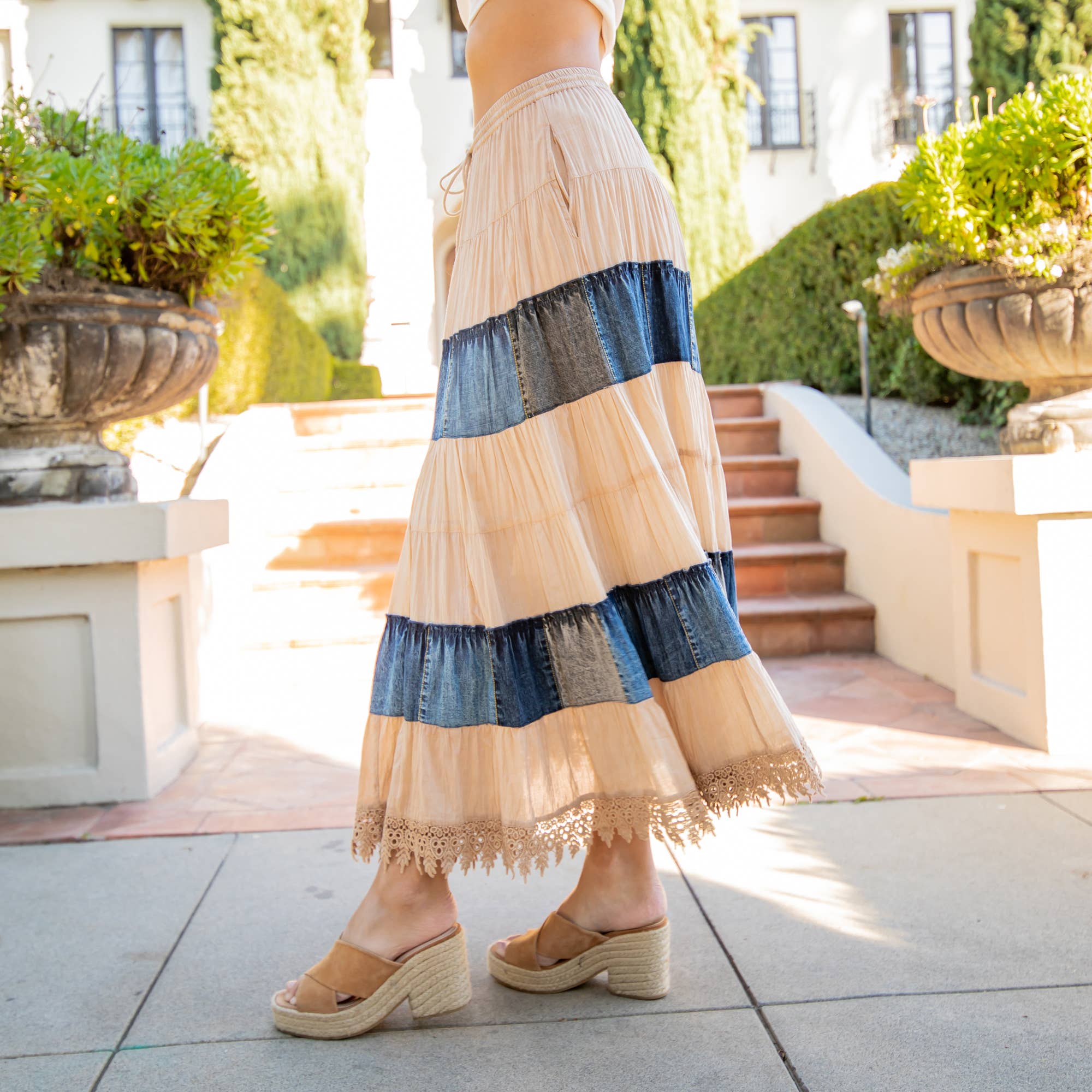 Young Threads - Women Long Tiered Western Skirt, Lined With Two Pockets