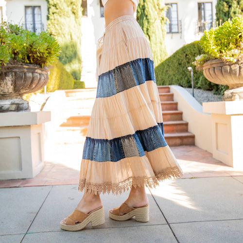 Young Threads - Women Long Tiered Western Skirt, Lined With Two Pockets