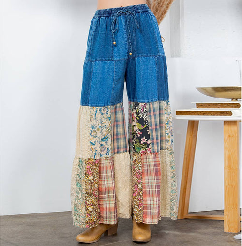 Young Threads - Boho chic Tiered Patch Inserted Denim &Knit Pants(New Color)