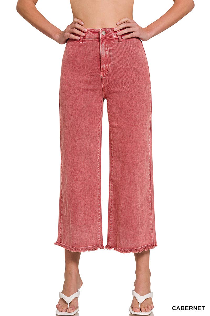 42POPS - ",,..Acid Washed Frayed Cutoff Hem Straight Wide Pants