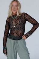 Black Sheer Floral Lace Long Sleeve Slim Fit Top
