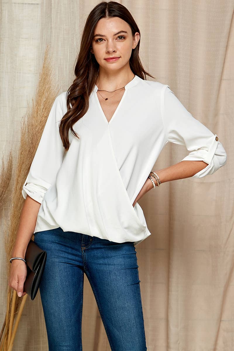 Shopin LA - SP4732T-24926- WOMEN SOLID WRAP CROSSOVER BLOUSE