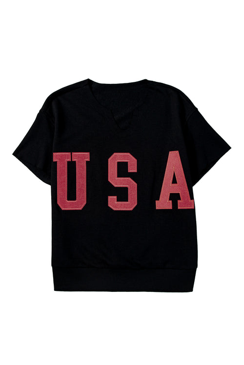 Light Grey USA Letter Patch Notched Neck Loose Tee